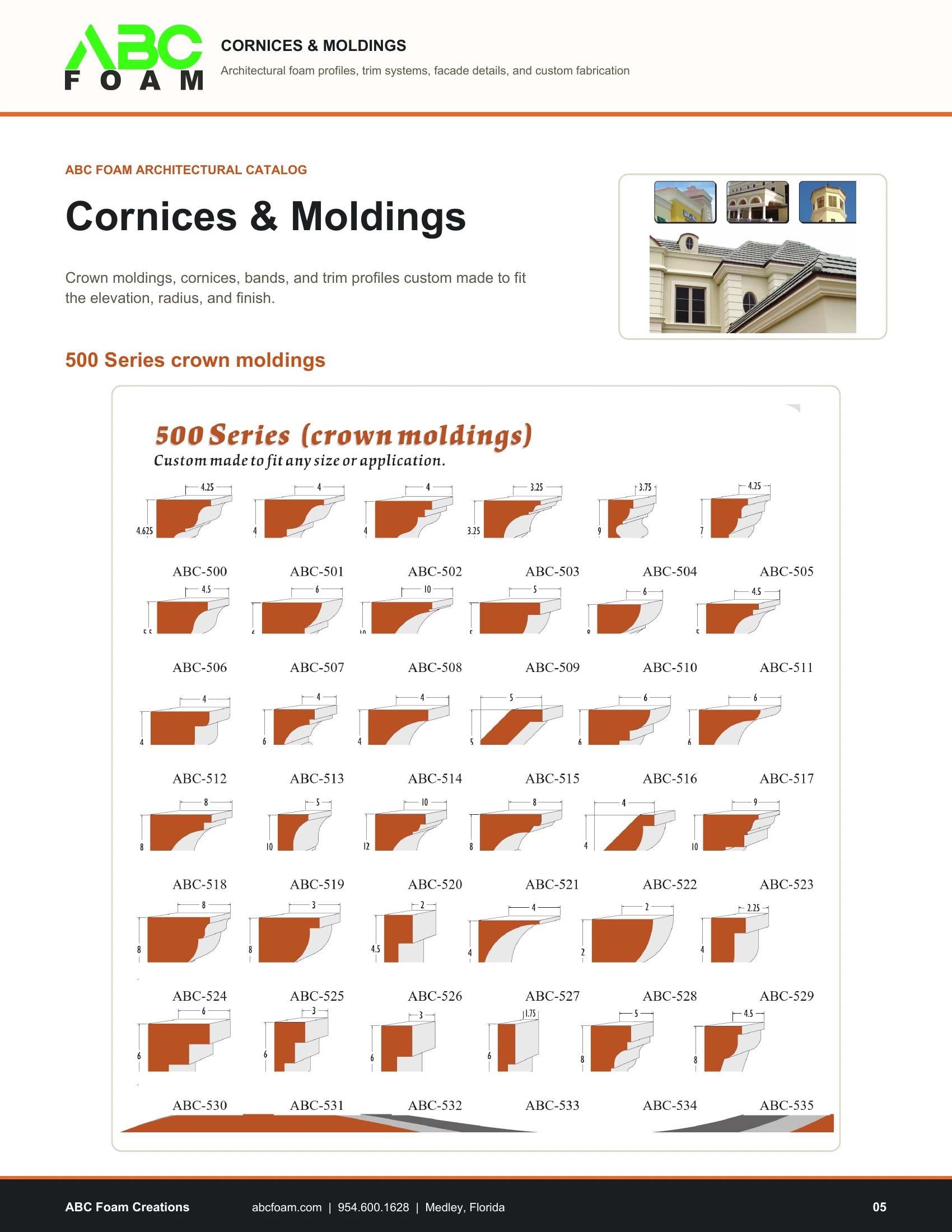 Architectural foam cornices and molding profile examples