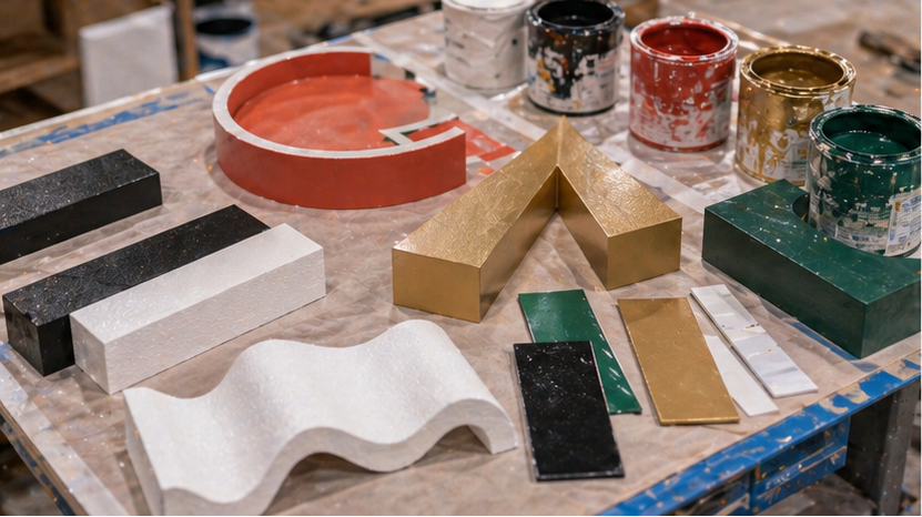 Architectural foam finish samples showing coatings, profiles, and painted textures