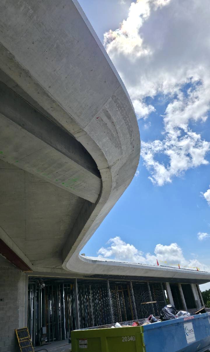 EPS foam void fill used to reduce weight in a curved concrete roofline overhang